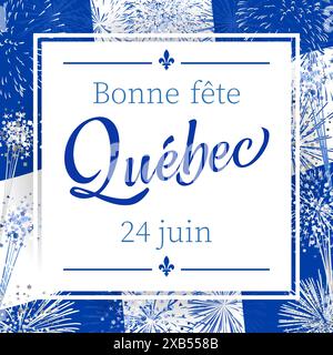 Carte de voeux carrée joyeuse fête du Québec. La traduction est - joyeuses fêtes Québec. Fond bleu festif avec des feux d'artifice réalistes, agitant le drapeau Illustration de Vecteur