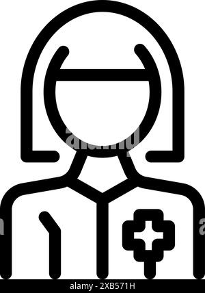 Simple icône de dessin au trait d'une professionnelle de la santé portant une blouse de laboratoire avec une croix médicale Illustration de Vecteur