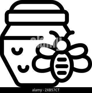 Abeille de miel de ligne noire volant près du pot de miel avec des nids d'abeilles à l'intérieur de l'icône isolé sur fond blanc Illustration de Vecteur