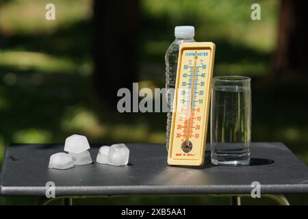 Gros plan de l'eau dans une bouteille avec un verre, un thermomètre et des glaçons de fonte représentant le temps chaud et l'élévation des températures Banque D'Images