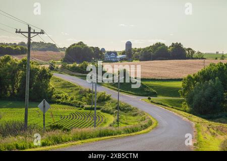Route du nord-est de l'Iowa et ferme avec des lignes électriques rétroéclairées au coucher du soleil un jour de printemps Banque D'Images