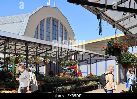 Étals de fleurs, fruits et légumes au marché central historique de Riga, à l'extérieur de deux hangars historiques de zeppelin, en Lettonie, pays baltes. Banque D'Images