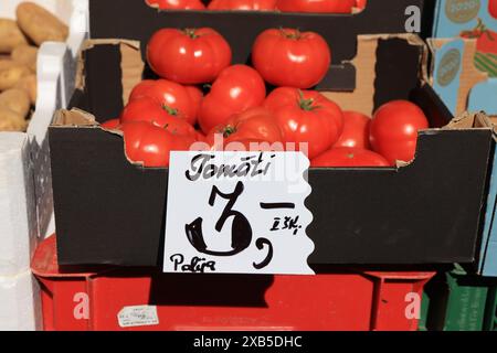 Étals de fleurs, fruits et légumes au marché central historique de Riga, à l'extérieur de deux hangars historiques de zeppelin, en Lettonie, pays baltes. Banque D'Images