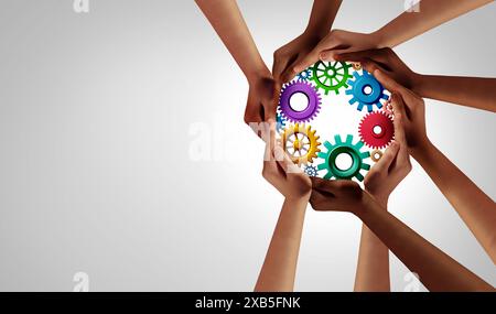 Working Business Unity et Work Diversity Partnership comme des mains et des engrenages ou des roues dentées connectées dans un groupe de personnes diverses unies ensemble comme un sup Banque D'Images
