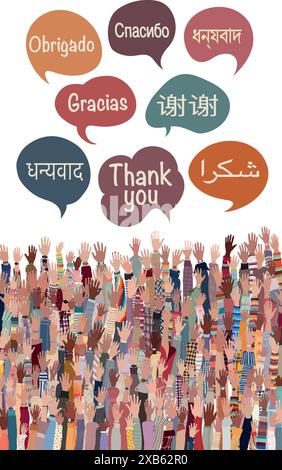 Main levée de personnes multiculturelles de différentes Nations et continents avec des bulles de discours avec du texte -Merci- dans différentes langues internationales Illustration de Vecteur