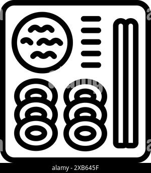 Boîte à lunch contenant des rouleaux de sushi, de la sauce soja et des baguettes, prête à être livrée Illustration de Vecteur