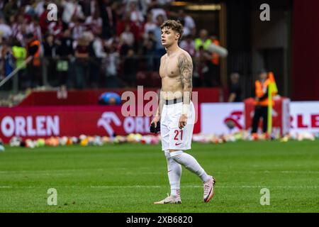 Varsovie, province de Mazovie, Pologne. 10 juin 2024. Nicola Zalewski après le match international amical de football entre la Pologne et la Turquie au stade national de Varsovie. Crédit : ZUMA Press, Inc/Alamy Live News Banque D'Images