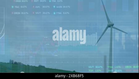 Les données graphiques recouvrent l'éolienne dans un paysage rural Banque D'Images