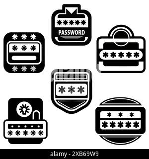 Icônes de mot de passe définies. Dessins vectoriels noirs. Six styles différents. Symboles de connexion sécurisée. Illustration de Vecteur