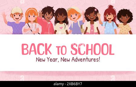 Bienvenue à la rentrée des classes. Bannière avec des enfants de dessin animé. Illustration de Vecteur