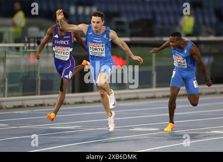 Rome, Italie. 10 juin 2024. L'Italien Filippo Tortu participe à la finale du 200m masculin aux Championnats d'Europe d'athlétisme de Rome 2024 à Rome, Italie, le 10 juin 2024. Crédit : Li Jing/Xinhua/Alamy Live News Banque D'Images