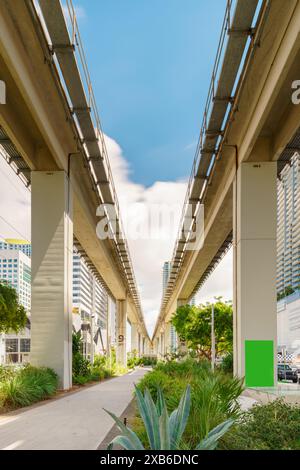 Brickell Miami. Image de stock soulignant le metrorail et les tours de gratte-ciel. Passerelle piétonne pour le jogging et le vélo Banque D'Images