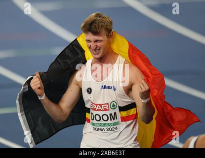 Rome, Italie. 10 juin 2024. La belge Sara Fantini célèbre sa victoire sur la finale du 400 m masculin aux Championnats d'Europe d'athlétisme de Rome 2024 à Rome, Italie, le 10 juin 2024. Crédit : Li Jing/Xinhua/Alamy Live News Banque D'Images