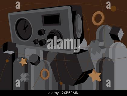 Radio rétro, fond graphique rétro graphique noir et marron. Éléments géométriques minimaux. Illustration vectorielle de formes abstraites vintage. Illustration de Vecteur