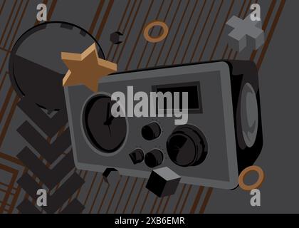 Radio rétro, fond graphique rétro graphique noir et marron. Éléments géométriques minimaux. Illustration vectorielle de formes abstraites vintage. Illustration de Vecteur