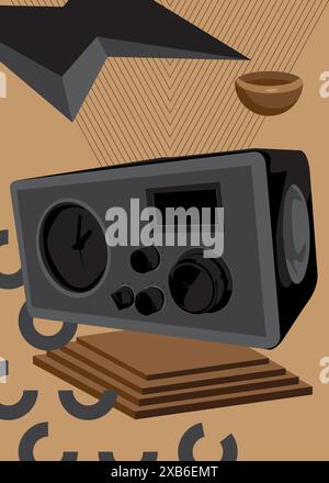 Radio rétro, fond graphique rétro graphique noir et marron. Éléments géométriques minimaux. Illustration vectorielle de formes abstraites vintage. Illustration de Vecteur