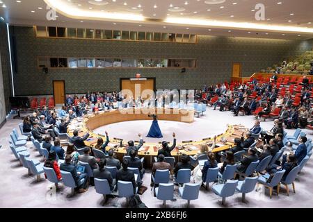 (240611) -- BEIJING, 11 juin 2024 (Xinhua) -- les représentants votent sur un projet de résolution lors d'une réunion du Conseil de sécurité des Nations Unies au siège de l'ONU à New York, le 10 juin 2024. Le Conseil de sécurité des Nations Unies a adopté lundi une résolution visant à parvenir à un accord de cessez-le-feu global en trois phases pour mettre fin à la guerre à Gaza. (Eskinder Debebe/photo ONU/document via Xinhua) Banque D'Images