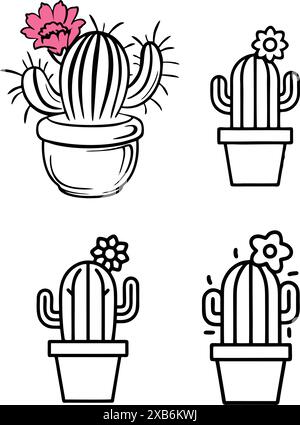 Simple dessin stylisé d'une illustration de cactus en fleurs dans pot Illustration de Vecteur