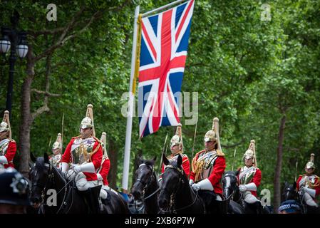 Les participants répètent pendant l'examen du colonel pour le prochain Trooping of the Colour. La revue du colonel est identique à la parade d'anniversaire de Kingís, à l'exception de quelques officiers montés supplémentaires. Y participeront plus de 1400 soldats de la Household Division et de la troupe Kingís Royal Horse Artillery, dont 400 musiciens des groupes massés, qui défileront tous sur Horse Guards pour la deuxième des deux revues formelles. La revue du Colonel comprend également 250 soldats des Foot Guards qui jalonneront la route processionnelle le long du Mall. (Photo de l Banque D'Images