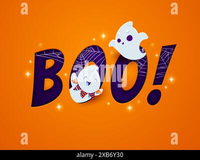 Personnages fantômes kawaii mignons sur la bannière de bouc coupé en papier d'Halloween. Fête d'horreur de saison d'automne, toile de fond vectorielle 3d de vacances heureuses d'Halloween avec personnages kawaii de fantômes souriants heureux, typographie et toile d'araignée Illustration de Vecteur