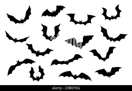 Silhouettes de chauves-souris d'Halloween pour la nuit d'horreur de vacances, icônes vectorielles de dessin animé. Battes de vampire effrayantes volantes dans des silhouettes noires sur fond blanc pour Halloween et Trick ou Treat Party décoration Illustration de Vecteur