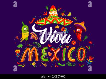 Bannière Viva Mexico avec des décorations colorées et festives, des personnages de piment de dessins animés portant des sombreros, des motifs vibrants et des éléments latins traditionnels, célébrant la culture et les festivités mexicaines Illustration de Vecteur