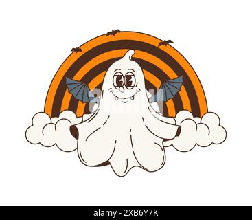 Personnage fantôme d'Halloween rétro de dessin animé avec des dents de vampire vectorielles et des ailes de chauve-souris, trick ou traiter le personnage de vacances. Mignon monstre vampire, esprit groovy ou fantôme hippie et arc-en-ciel noir orange Illustration de Vecteur