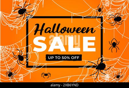 Bannière de vente d'Halloween, araignées et décorations de vacances en toile d'araignée. Fond de promo vectoriel ou coupon pour l'offre de réduction d'automne. Carte publicitaire avec des coups grattés et des arachnides étranges sur des toiles d'araignée Illustration de Vecteur