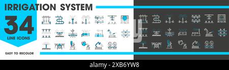 Icônes de ligne de système d'irrigation goutte à goutte des arroseurs de champs de jardin et de ferme, technologie d'irrigation vectorielle. Icônes du système d'irrigation de tuyau d'arrosage et arroseur de pulvérisation pour l'agriculture et l'agriculture Illustration de Vecteur