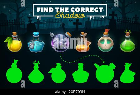 Feuille de travail de jeu d'Halloween, trouver l'ombre correcte des bouteilles de potion de conte de fées sur fond de vecteur de cimetière sombre. Vacances d'Halloween assorties quiz puzzle avec potion magique de bande dessinée, élixir ou poison Illustration de Vecteur