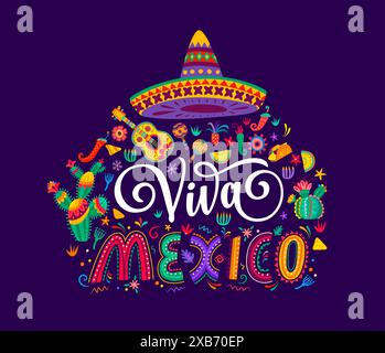 Viva Mexico, bannière de jour de l'indépendance nationale avec chapeau sombrero, guitare et maracas, vecteur origine ethnique. fête mexicaine avec piments, cactus et burrito en ornement floral Illustration de Vecteur