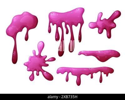 Slime coulant coloré dans le dessin animé. Éclaboussures de mucus et goutte de liquide. Éclaboussures toxiques, élément visqueux collant. Illustration vectorielle isolée sur blanc Illustration de Vecteur