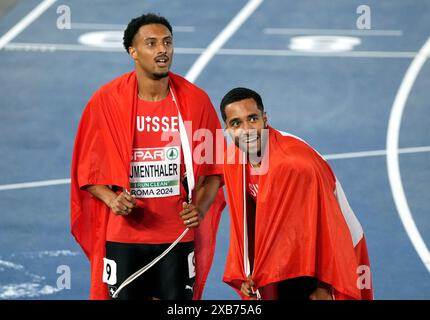 Rome, Italie. 10 juin 2024. Timothe Mumenthaler (sui) (l) est champion du 100m lors des Championnats d'Europe d'athlétisme 2024 le 10 juin 2024 au stade Olympique de Rome, Italie photo SCS/Soenar Chamid/AFLO (HOLLAND OUT) crédit : Aflo Co. Ltd./Alamy Live News Banque D'Images