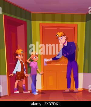 Père et enfants jouant à la maison. Illustration de dessin animé vectoriel de papa et d'enfants jouissant du jeu de cache-cache ensemble, se cachant dans le couloir de la maison avec des portes, portant des casques avec des lampes frontales, amusement en famille Illustration de Vecteur