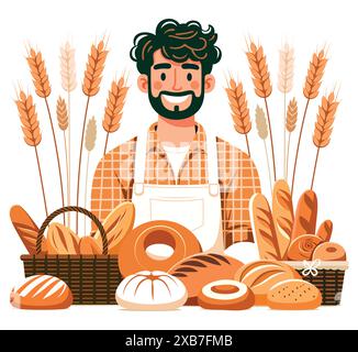 Illustration d'un boulanger souriant avec une barbe debout derrière un assortiment de pain frais et de tiges de blé. Illustration de Vecteur