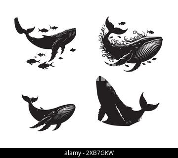 vecteur de silhouette de poisson de baleine noire, art graphique, dessin animé, Illustration de Vecteur