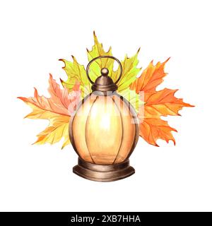 Lampe à huile d'automne vintage et feuilles d'érable. Illustration d'aquarelle dessinée à la main isolée. Lanterne au kérosène à l'ancienne pour la randonnée, le camping. Clipart Banque D'Images