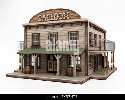 Bâtiment Wild West Saloon isolé sur fond blanc. Illustration 3D. Banque D'Images