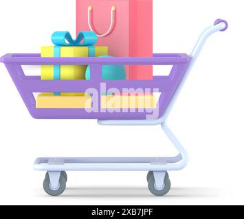 Chariot pour les achats 3d avec l'icône de vecteur de paquets. Roues de conteneur violettes métalliques avec cadeau jaune et sac rouge. Symbole de vente au détail commercial dans les Illustration de Vecteur