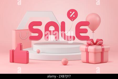 Illustration vectorielle de vente 3d réussie. Rose en trois dimensions comme avec une boîte-cadeau attachée avec un ruban rouge près du podium blanc. Décollage du ballon et du prix Illustration de Vecteur