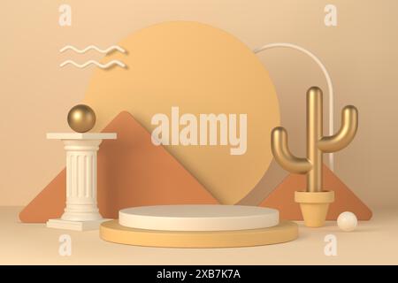 Intérieur boho scène minimale avec podium et formes géométriques 3D illustration vectorielle. Étape piédestal avec colonne et cactus doré sur fond pour cos Illustration de Vecteur