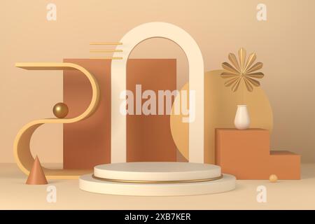 Intérieur boho scène minimale avec podium et formes géométriques 3D illustration vectorielle. Socle avec arc et feuilles de palmier dorées dans un vase sur le backgrou Illustration de Vecteur