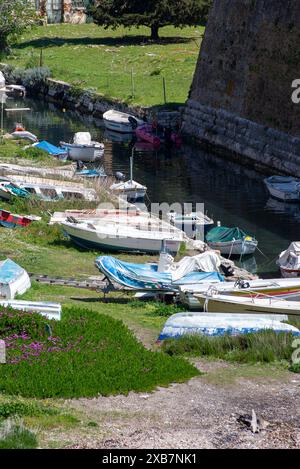 De nombreux petits bateaux accostent sur une herbe au bord de la rivière Banque D'Images