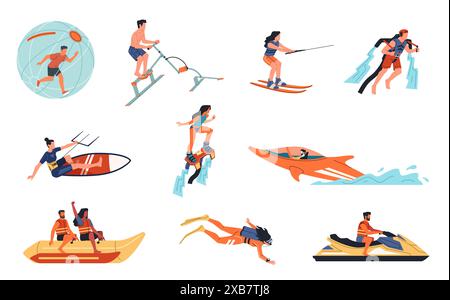 Activités aquatiques extrêmes. Les gens de style de vie marin, loisirs sportifs d'été, wakeboard, surf, canoë et flyboard, bande dessinée de loisirs d'été de plage Illustration de Vecteur