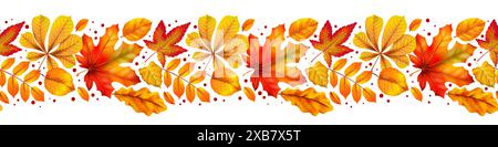 L'automne laisse une bordure sans couture. Feuillage texturé jaune orangé et rouge réaliste. Elément décoratif pour flyer de bannière et affiche isolé sur blanc Illustration de Vecteur