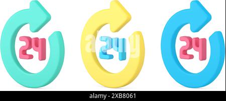 24 heures d'information badge cercle flèche pointeur centre d'appel livraison assistance client 3d icône set illustration vectorielle réaliste. Assistance au détail STO Illustration de Vecteur