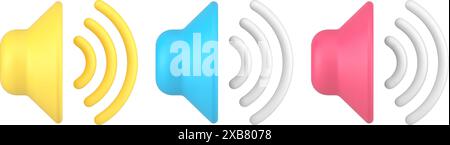 Volume audio dynamique haut-parleur onde sonore musique acoustique icône 3d set illustration vectorielle réaliste. Bruit de signal stéréo du haut-parleur mégaphone Illustration de Vecteur