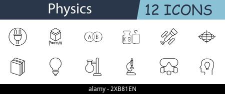 Icône ensemble physique. Inclut les symboles des formules, de l'équipement de laboratoire et des outils scientifiques. Convient pour l'éducation, la recherche et les concepts scientifiques. Ligne vectorielle Illustration de Vecteur