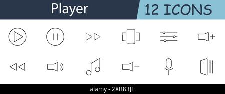 Icône de jeu de lecteurs. Lecture, pause, avance rapide, réglages, augmentation du volume, réduction du volume, note de musique, microphone, haut-parleur, égaliseur, rembobiner. Commandes multimédia, Illustration de Vecteur