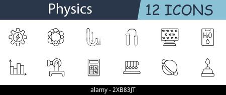 Icône ensemble physique. Inclut des symboles pour l'énergie, les atomes et les expériences. Idéal pour l'éducation, la science et les concepts de recherche. Icône de ligne vectorielle sur blanc Illustration de Vecteur